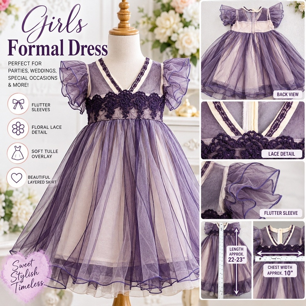 Girls Purple Tulle Formal Dress Floral Lace Flutter Sleeve Special Occasion
